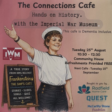 wartime illustration of a young woman in a navy outfit with written information of the event around her